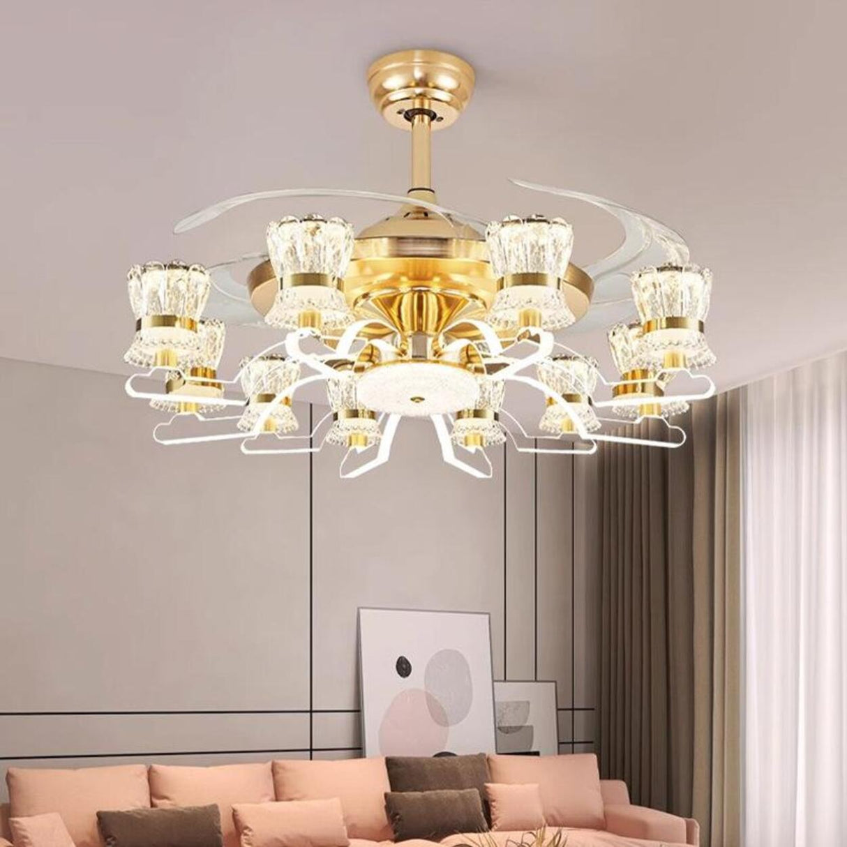 Luxury Golden Crystal Propeller Ceiling Fan with Light Image - 2