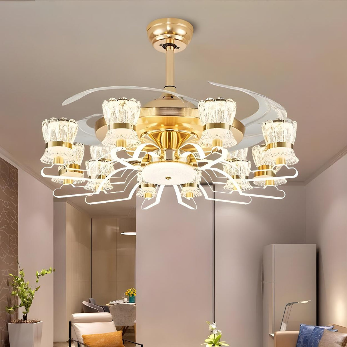 Luxury Golden Crystal Propeller Ceiling Fan with Light Image - 3