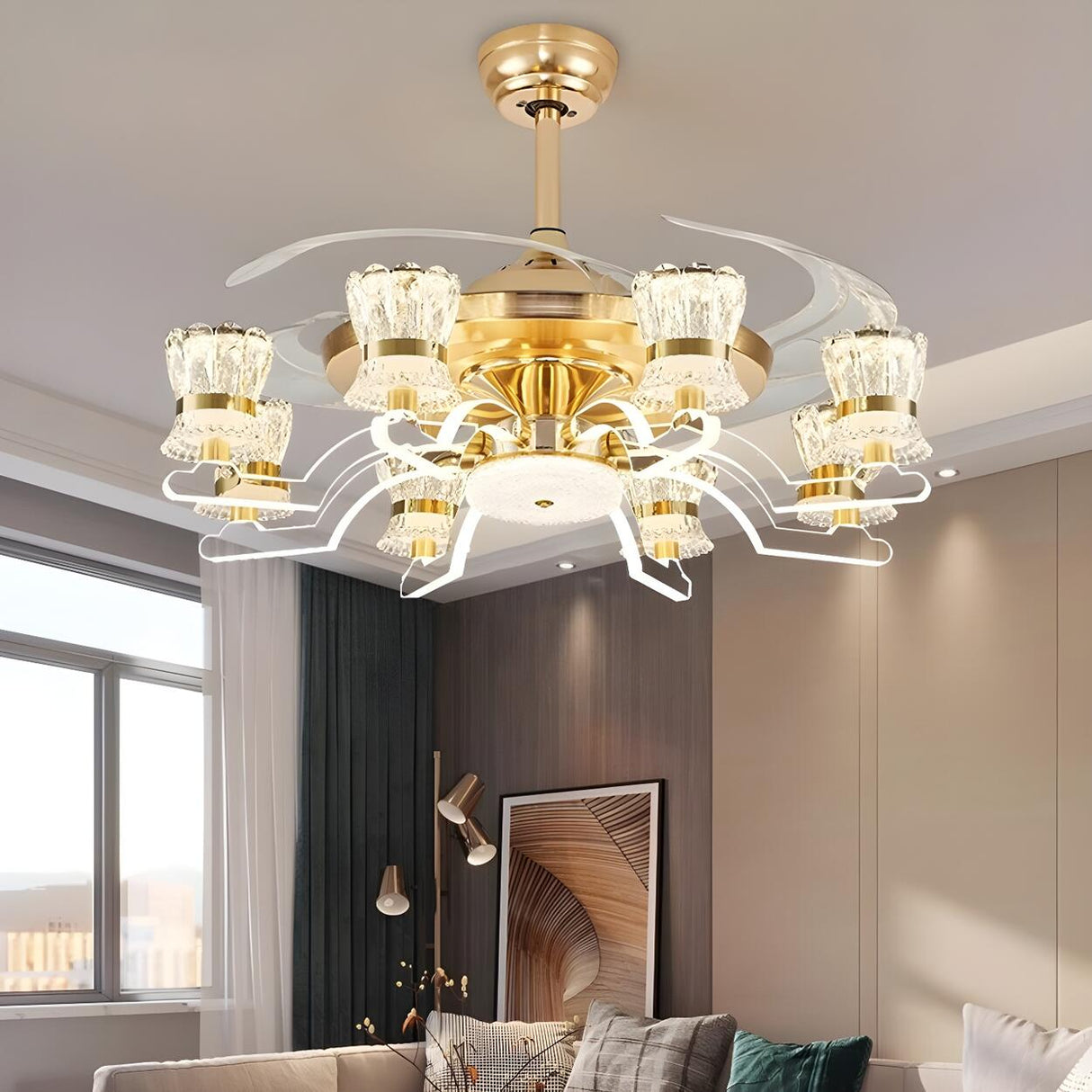 Luxury Golden Crystal Propeller Ceiling Fan with Light Image - 4