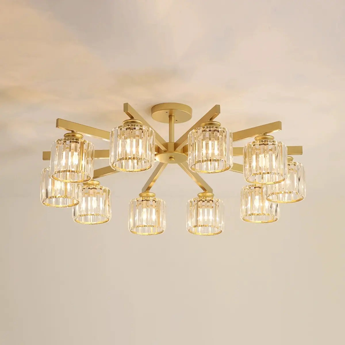 Luxury Golden Cylinder Crystal Semi-Flush Mount Light Image - 11