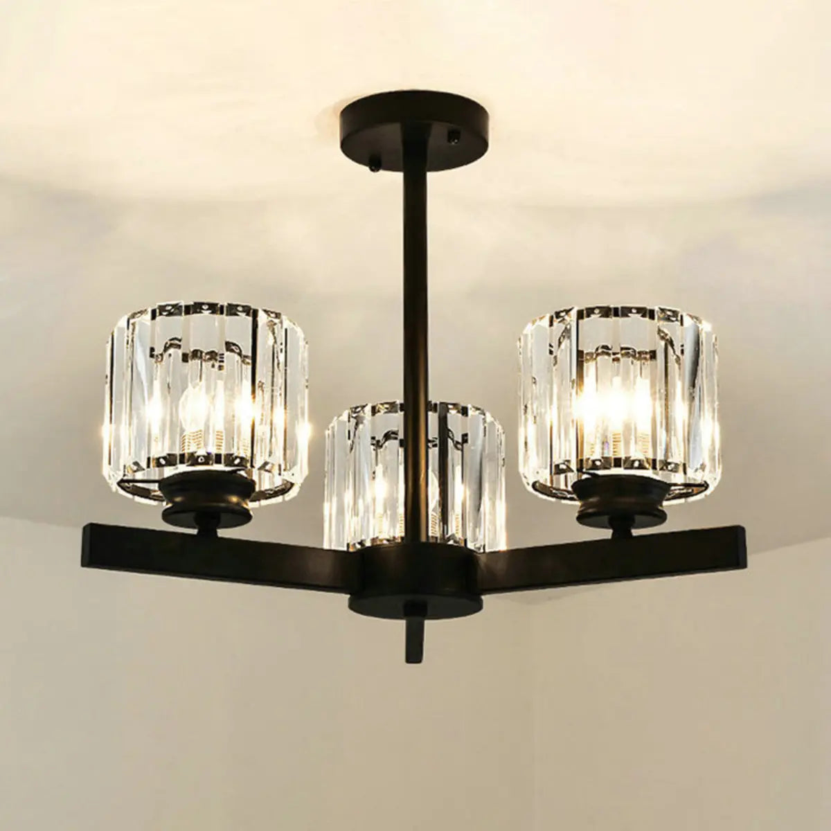 Luxury Golden Cylinder Crystal Semi-Flush Mount Light Image - 13