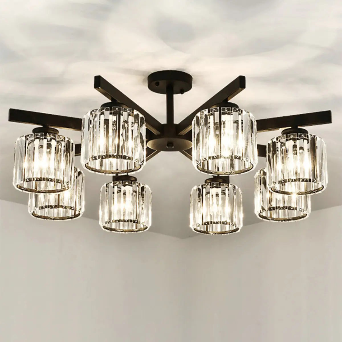 Luxury Golden Cylinder Crystal Semi-Flush Mount Light Image - 16