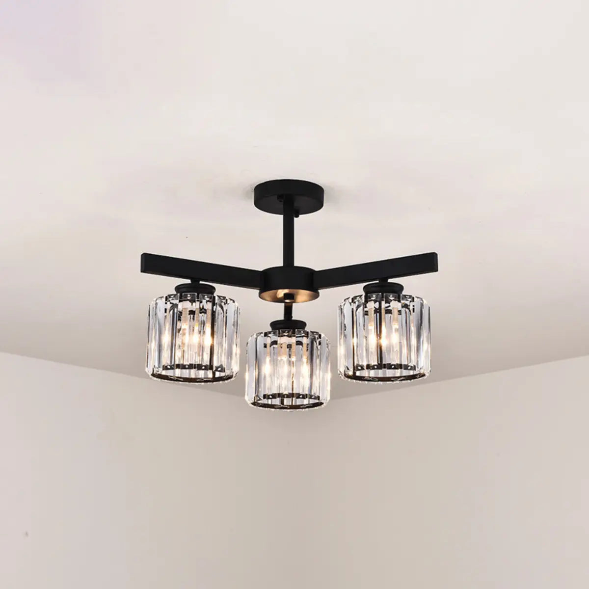 Luxury Golden Cylinder Crystal Semi-Flush Mount Light Image - 19