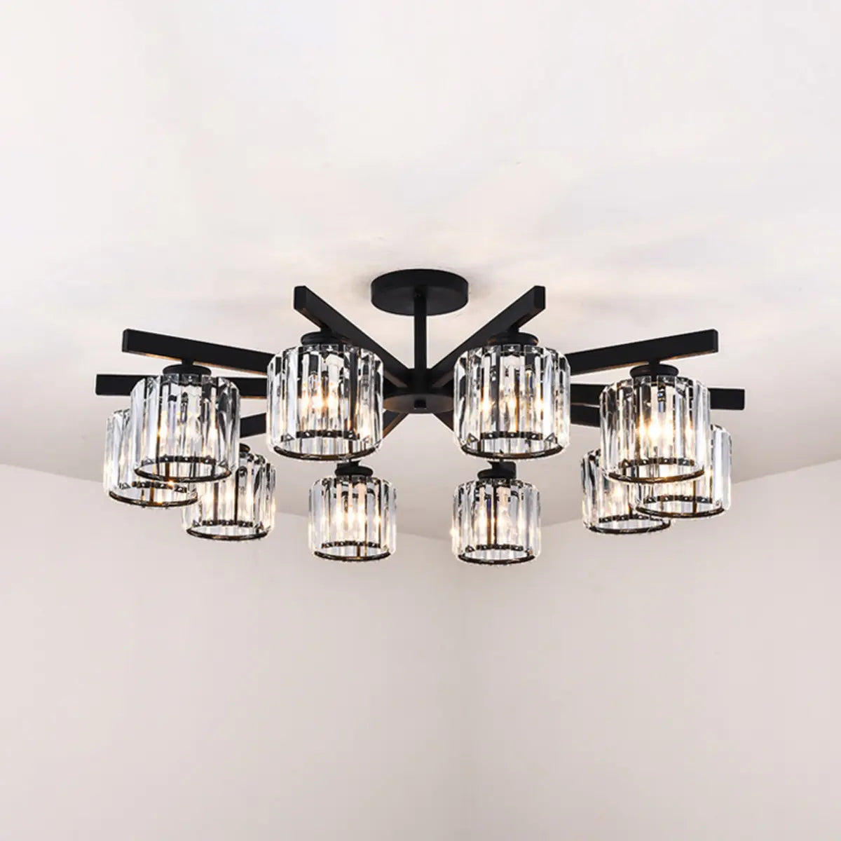 Luxury Golden Cylinder Crystal Semi-Flush Mount Light Image - 21