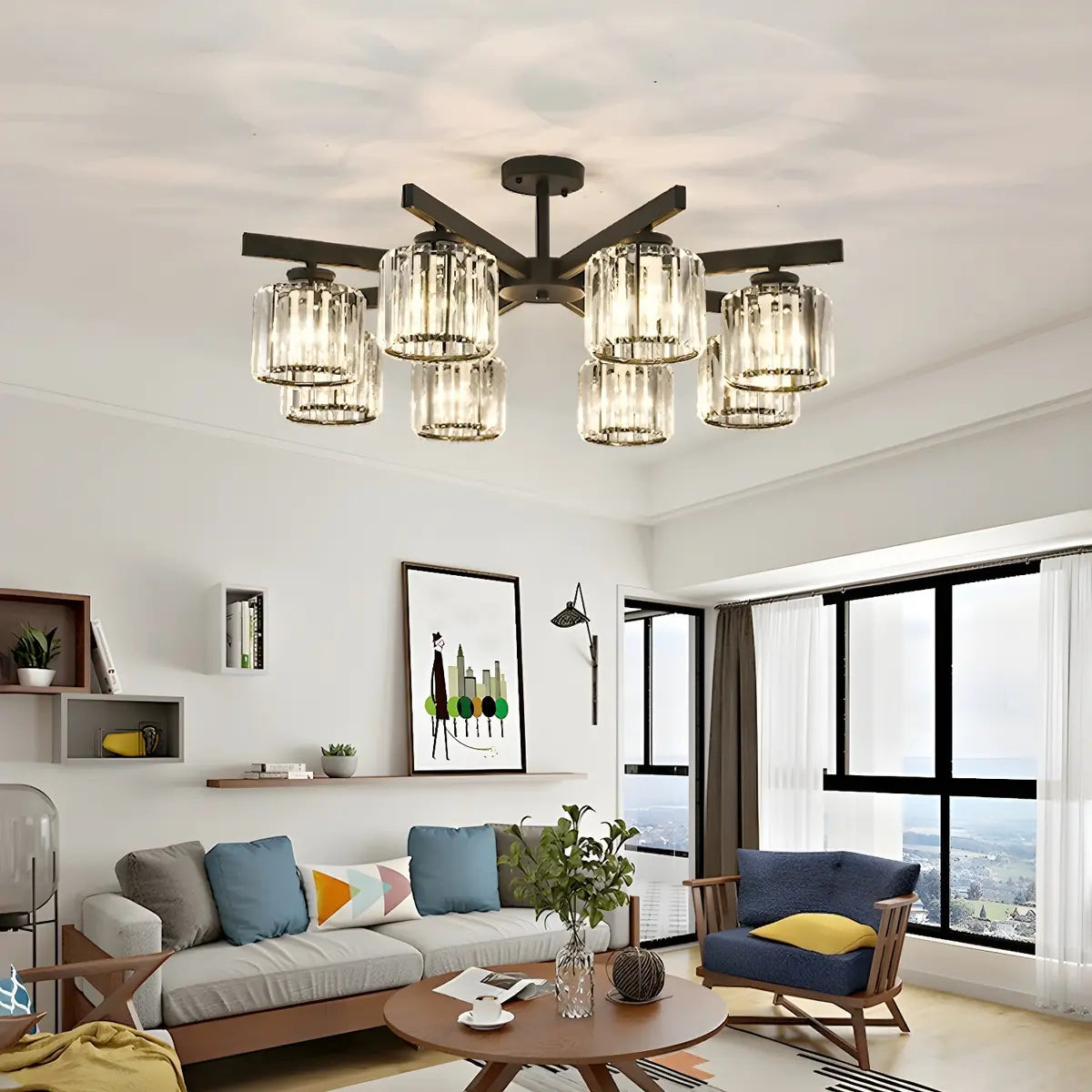 Luxury Golden Cylinder Crystal Semi-Flush Mount Light Image - 3