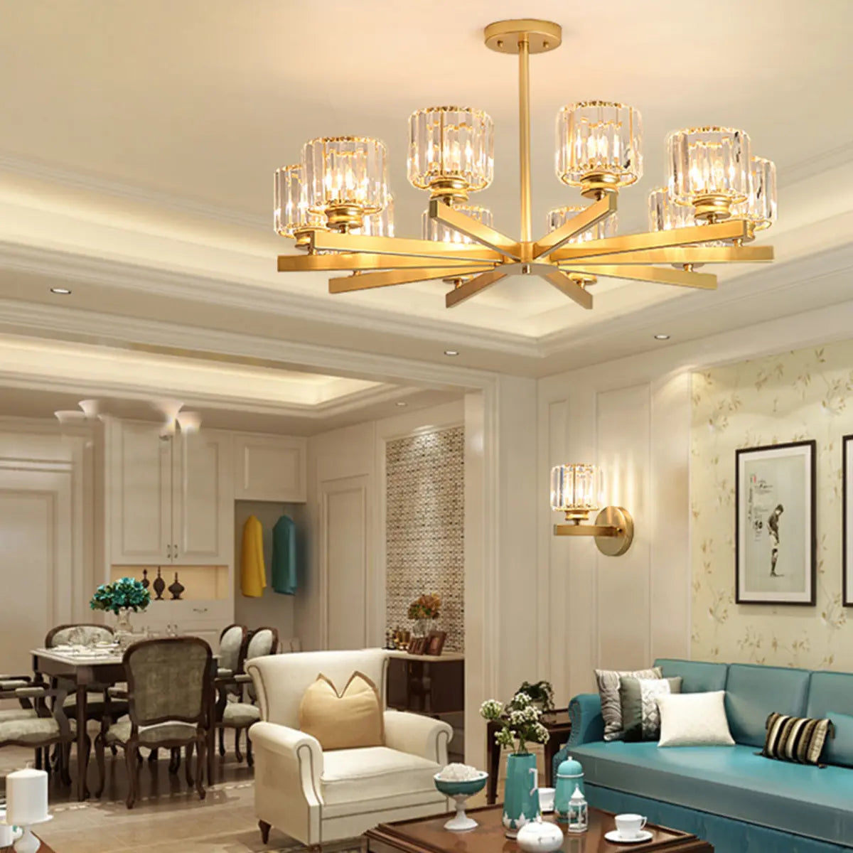 Luxury Golden Cylinder Crystal Semi-Flush Mount Light Image - 5