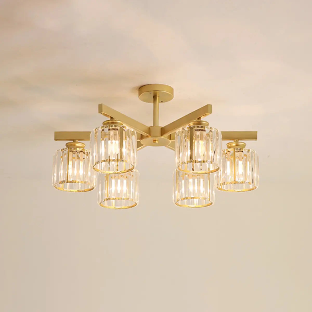 Luxury Golden Cylinder Crystal Semi-Flush Mount Light Image - 7