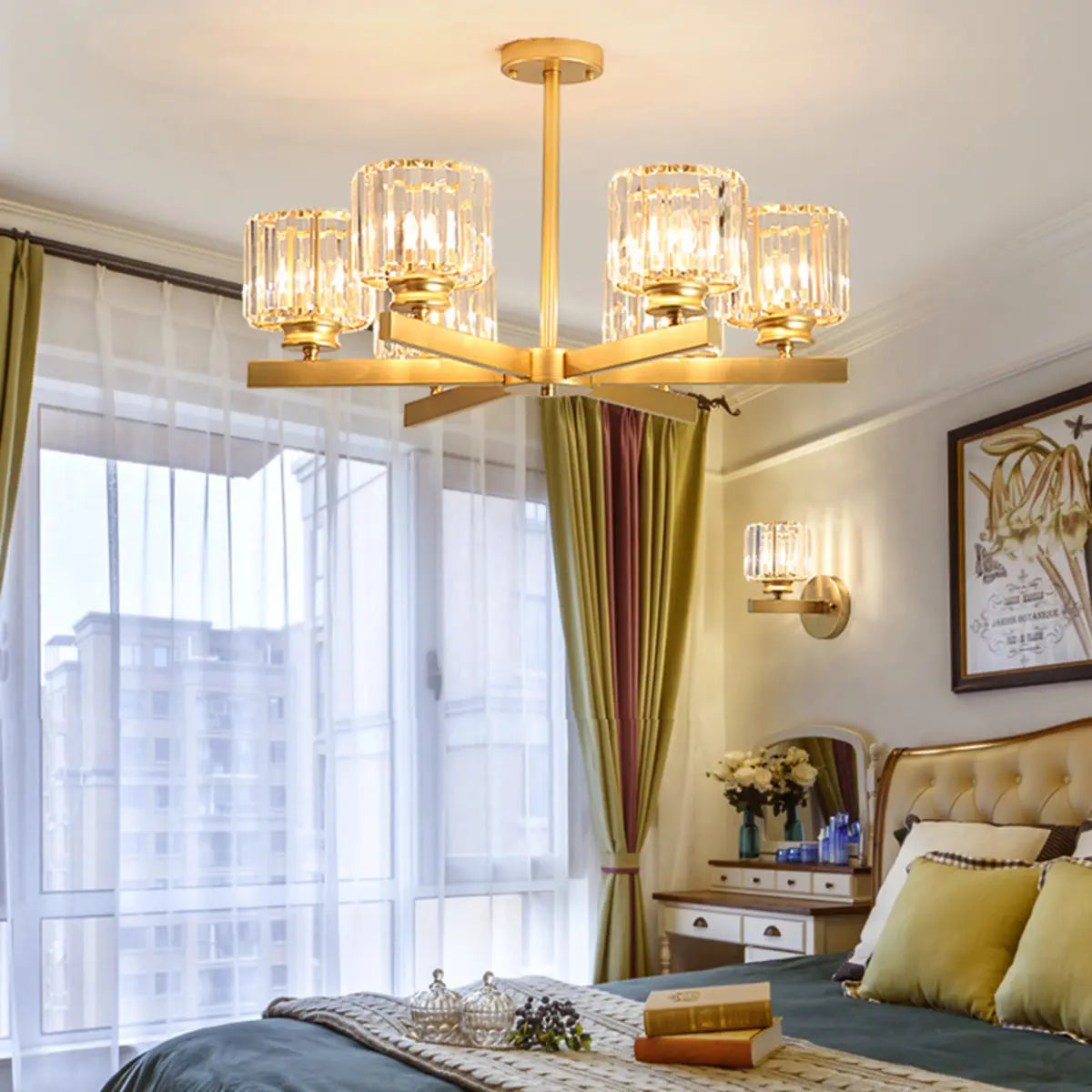 Luxury Golden Cylinder Crystal Semi-Flush Mount Light Image - 8