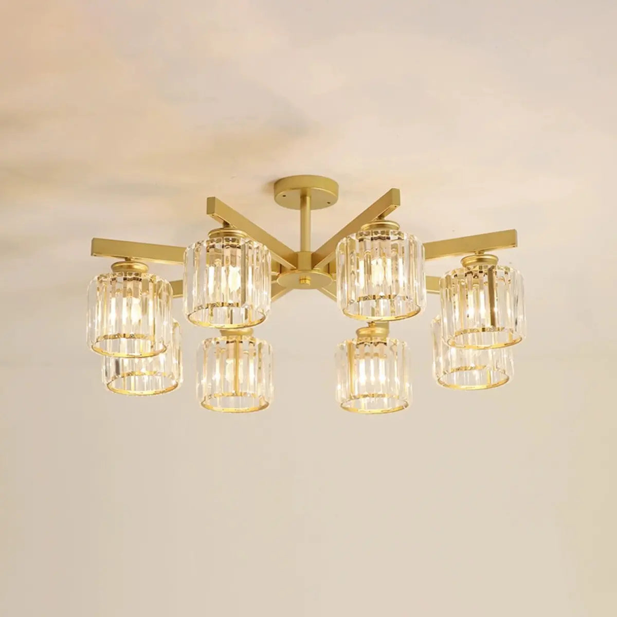 Luxury Golden Cylinder Crystal Semi-Flush Mount Light Image - 9