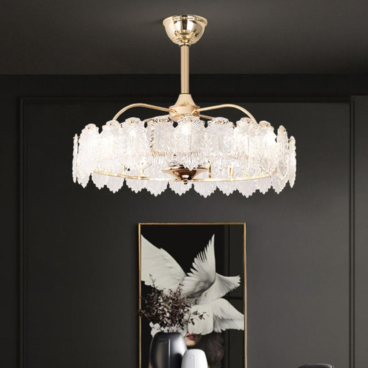 Luxury Leaf Shaped Round Chandelier Ceiling Fan Light Image - 17