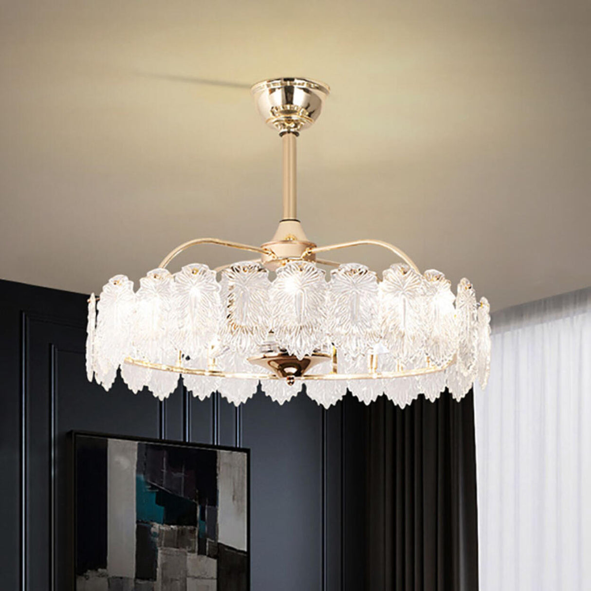 Luxury Leaf Shaped Round Chandelier Ceiling Fan Light Image - 18