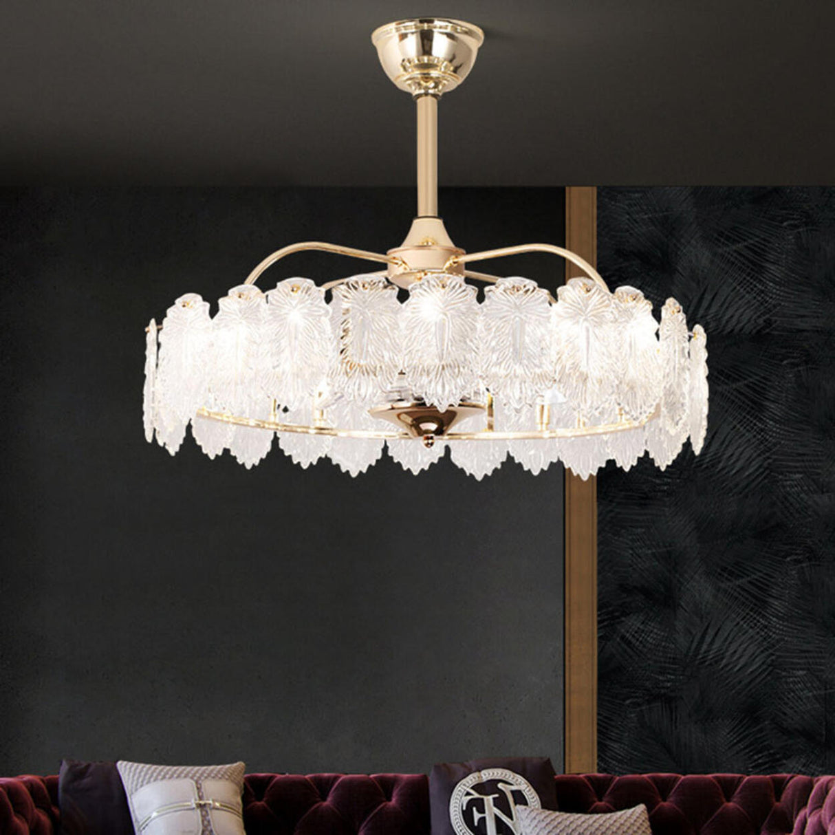 Luxury Leaf Shaped Round Chandelier Ceiling Fan Light Image - 19