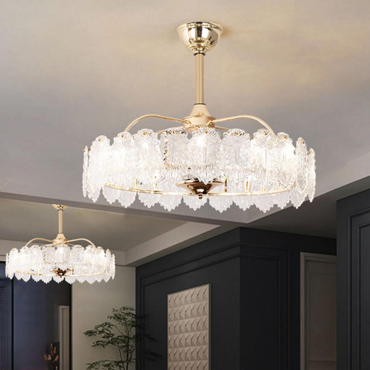 Luxury Leaf Shaped Round Chandelier Ceiling Fan Light Image - 3