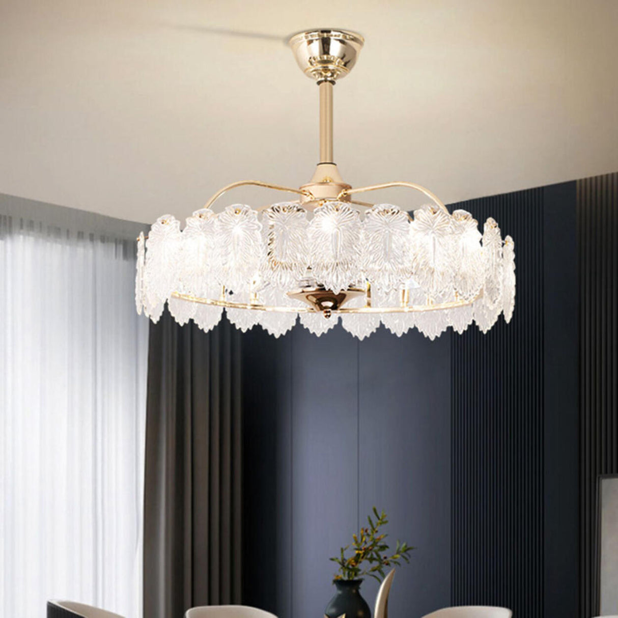 Luxury Leaf Shaped Round Chandelier Ceiling Fan Light Image - 4