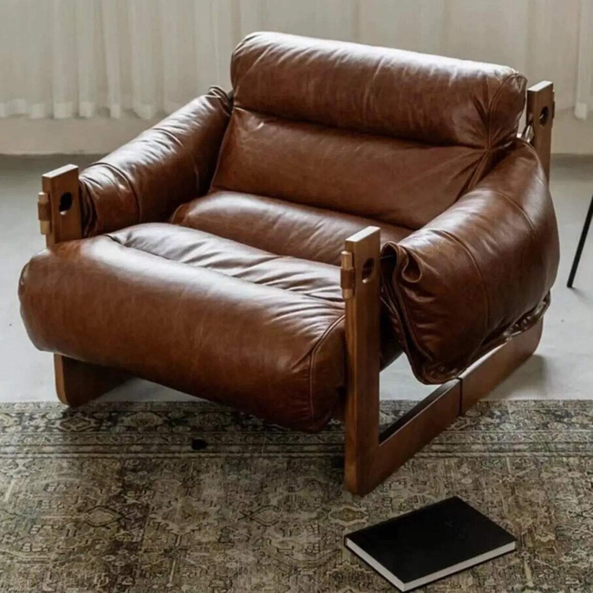 Luxury Leather Loose Back Brown Removable Cushions Accent Chair Image - 4