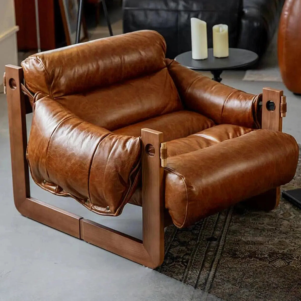 Luxury Leather Loose Back Brown Removable Cushions Accent Chair Image - 5
