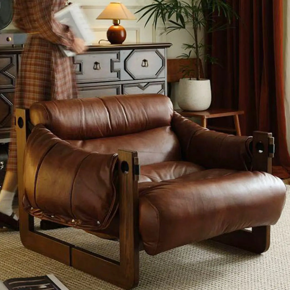 Luxury Leather Loose Back Brown Removable Cushions Accent Chair Image - 7