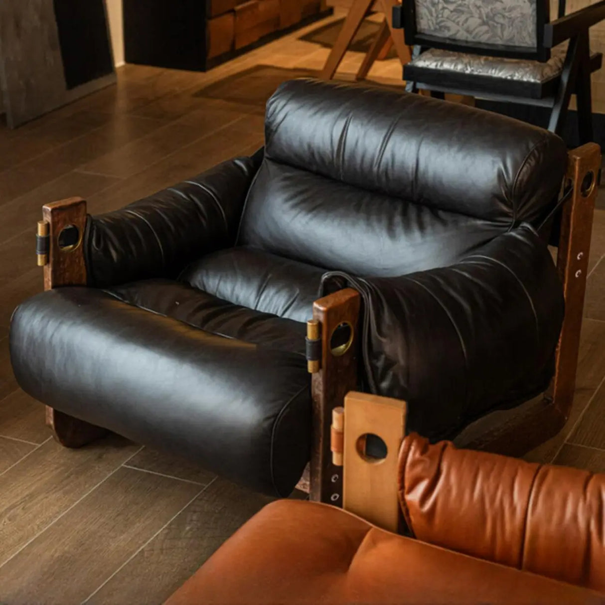 Luxury Leather Loose Back Brown Removable Cushions Accent Chair Image - 9