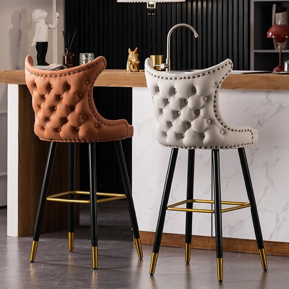 Luxury Orange Upholstered Tall Tufted Wingback Bar Stool Image - 1
