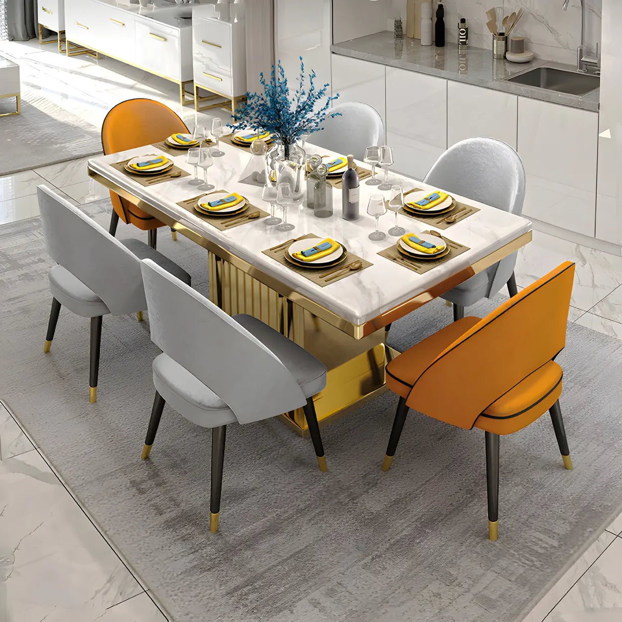 Luxury Rectangle White Marble Scratch Resistant Dining Table Image - 11