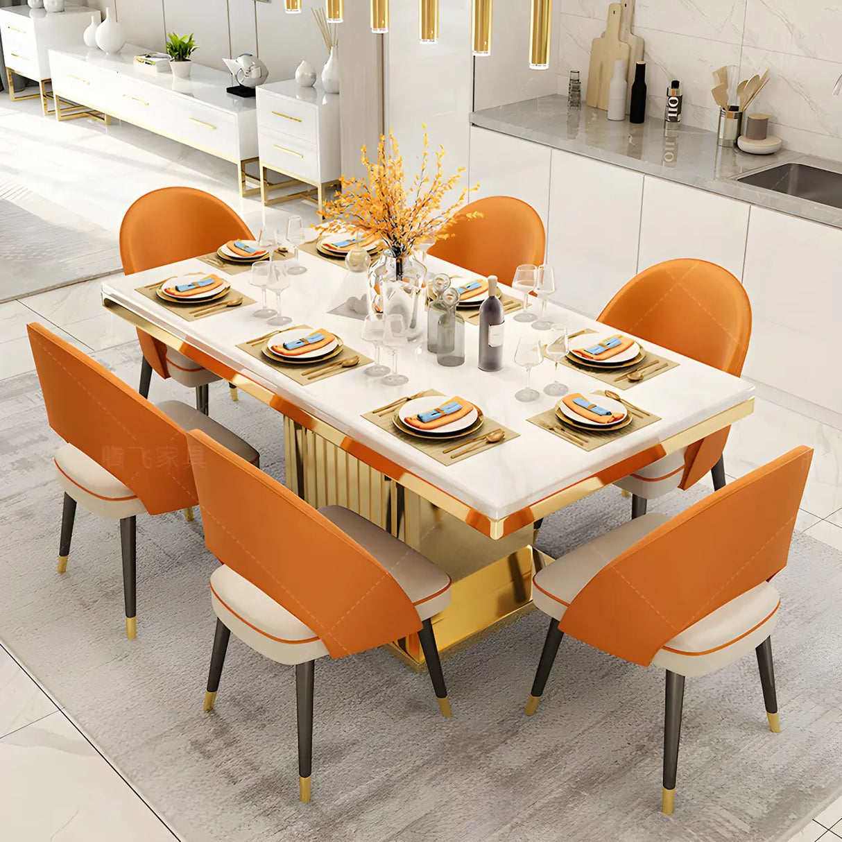 Luxury Rectangle White Marble Scratch Resistant Dining Table Image - 4