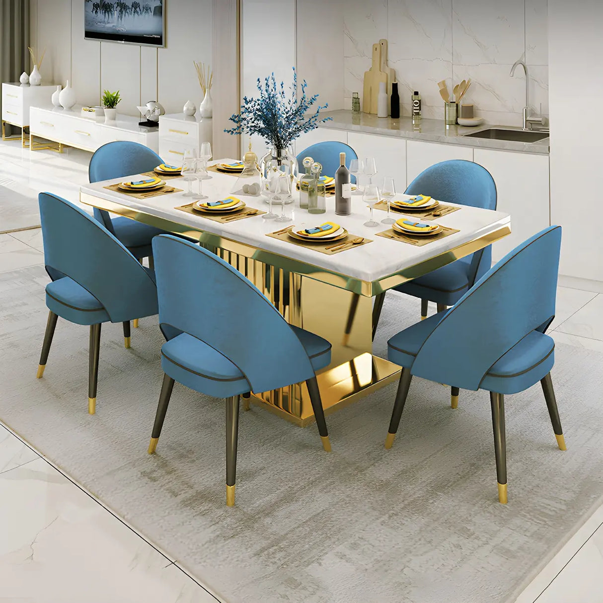 Luxury Rectangle White Marble Scratch Resistant Dining Table Image - 9