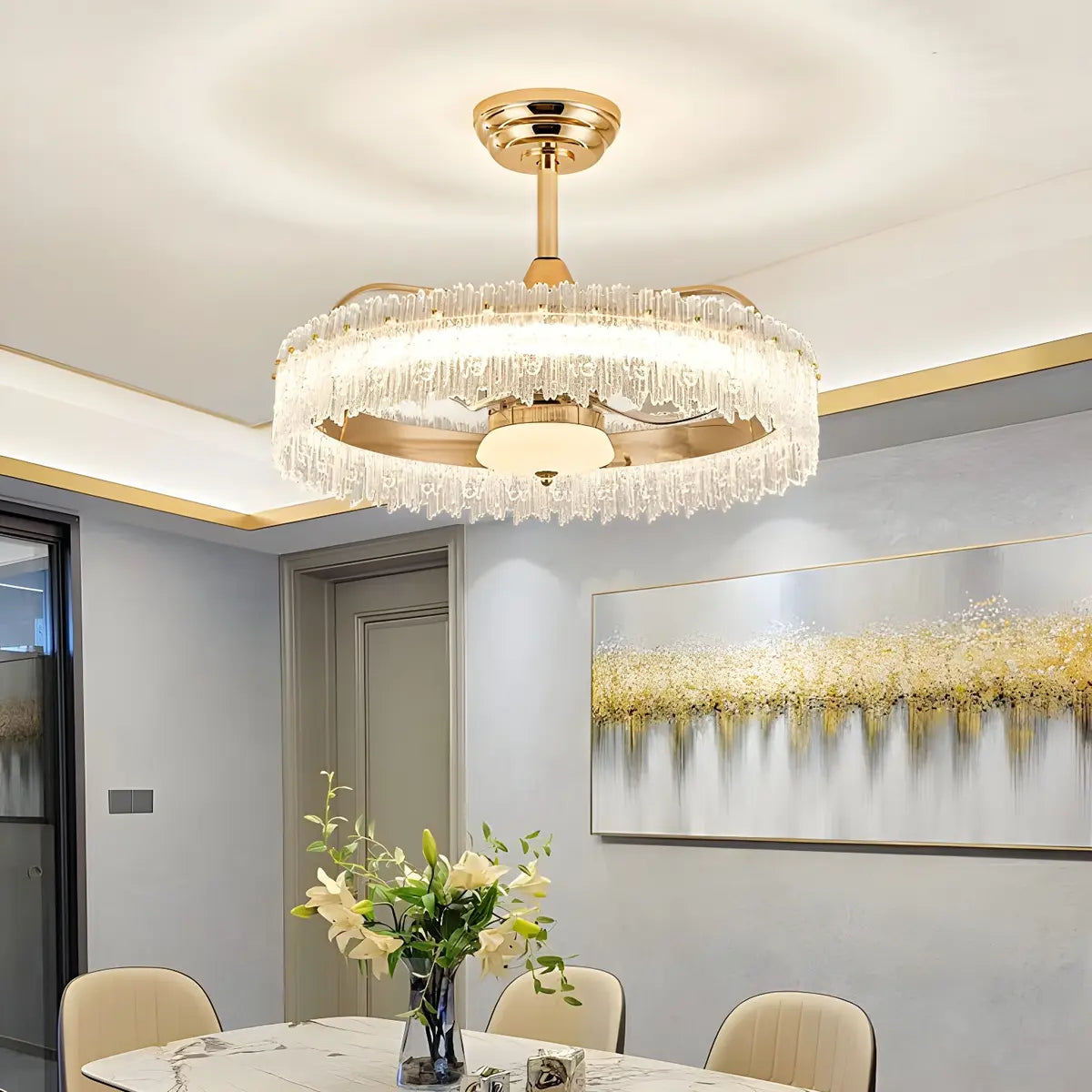 Luxury Round Crystal Living Room Ceiling Fan with Light Image - 2