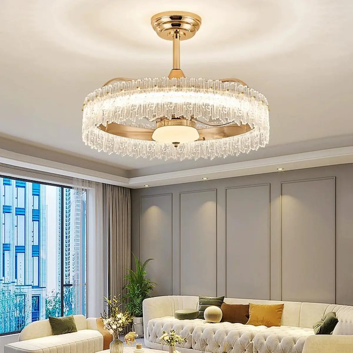 Luxury Round Crystal Living Room Ceiling Fan with Light Image - 5