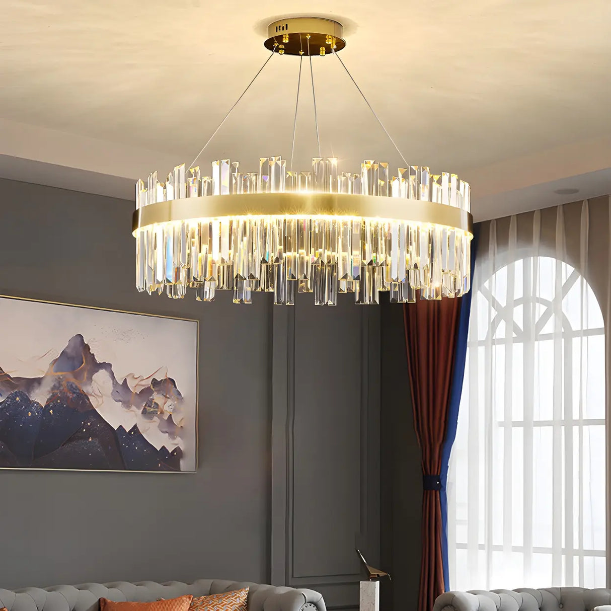 Luxury Round Gold Crystal Drum LIving Room Pendant Light Image - 1