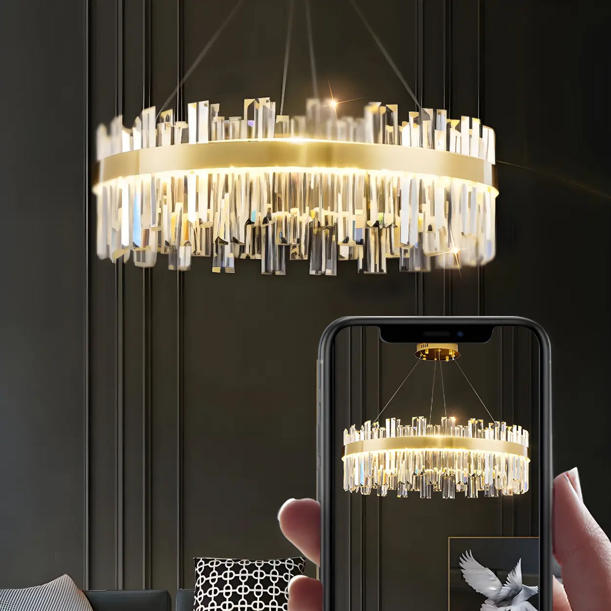 Luxury Round Gold Crystal Drum LIving Room Pendant Light Image - 14