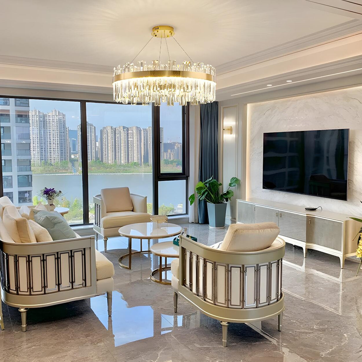 Luxury Round Gold Crystal Drum LIving Room Pendant Light Image - 19