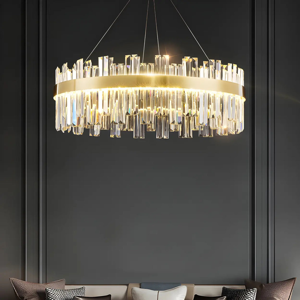 Luxury Round Gold Crystal Drum LIving Room Pendant Light Image - 4