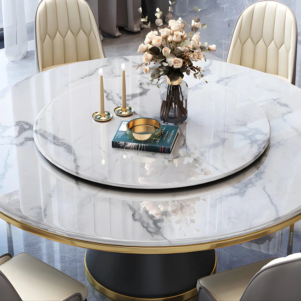 Luxury Round White Marble Scratch Resistant Dining Table Image - 5