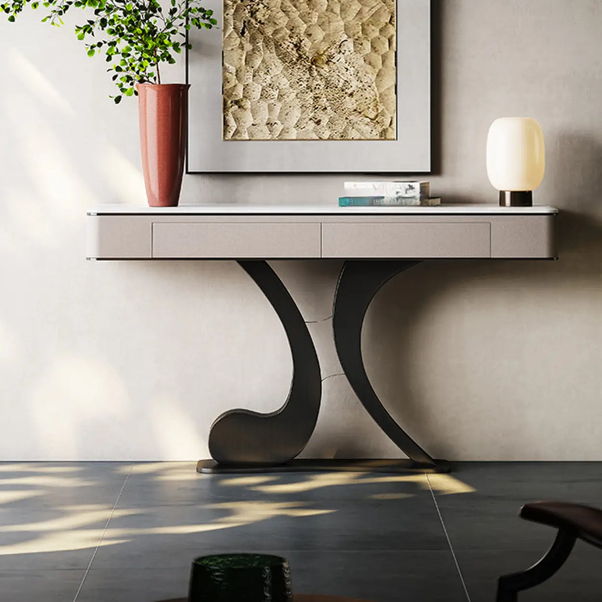 Luxury Stone Abstract Base Beige Decorative Console Table Image - 1