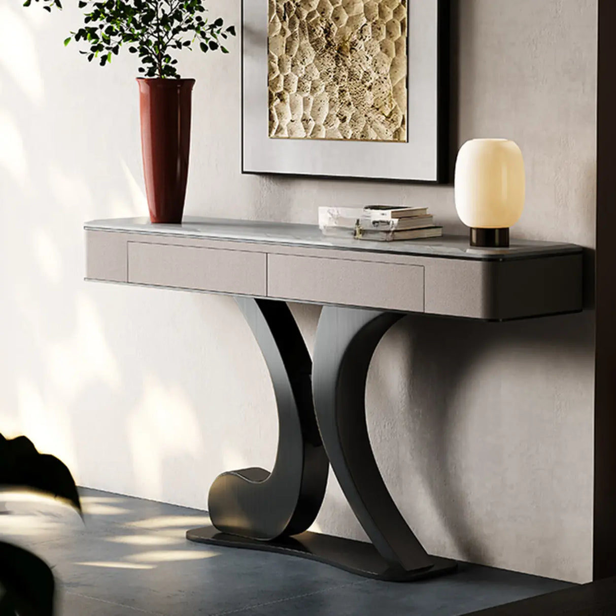 Luxury Stone Abstract Base Beige Decorative Console Table Image - 4