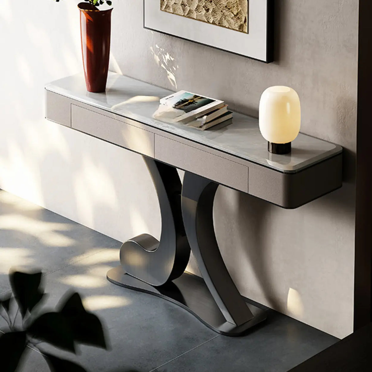 Luxury Stone Abstract Base Beige Decorative Console Table Image - 6