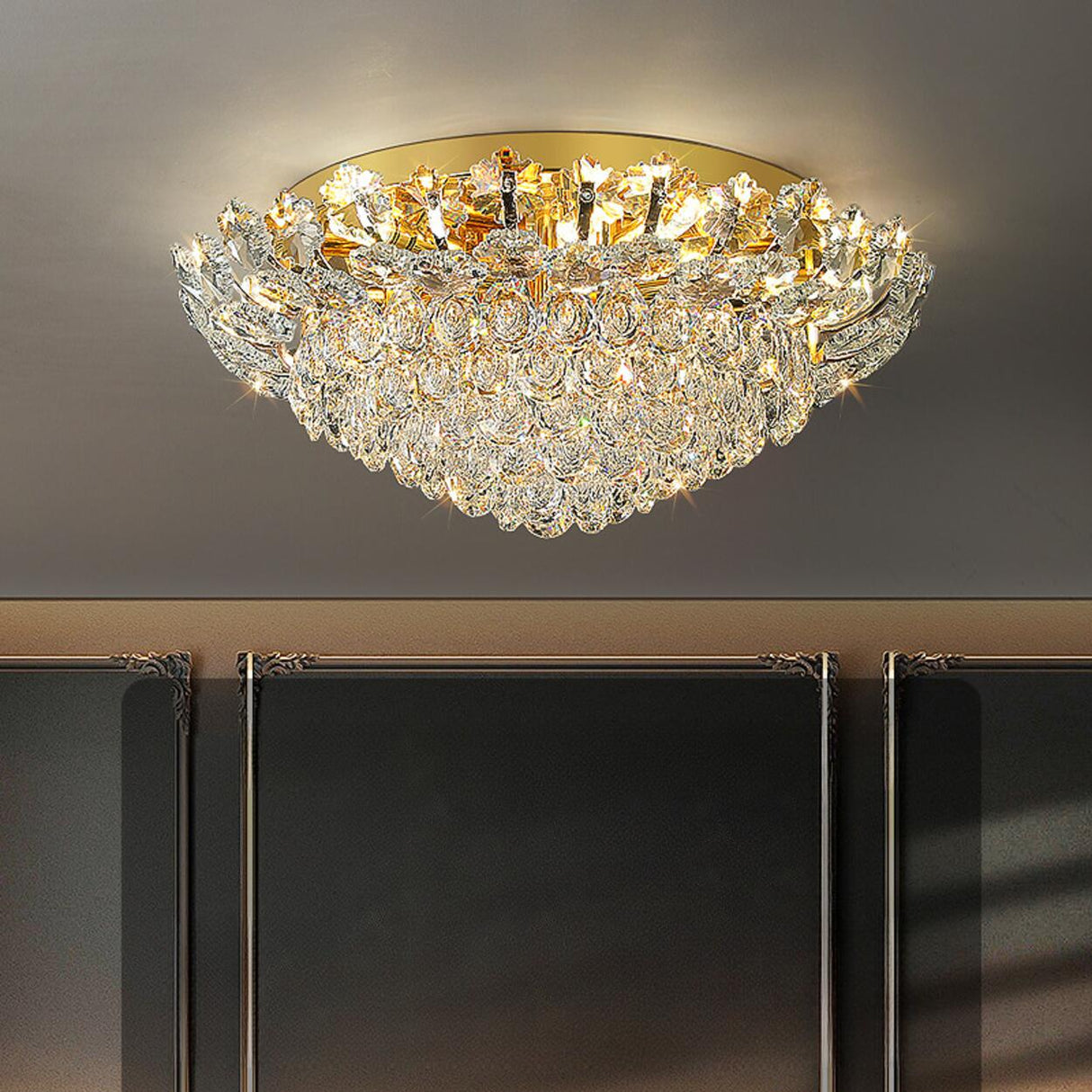 Luxury Symmetrical Gold Crystal Semi-Flush Mount Light Image - 1