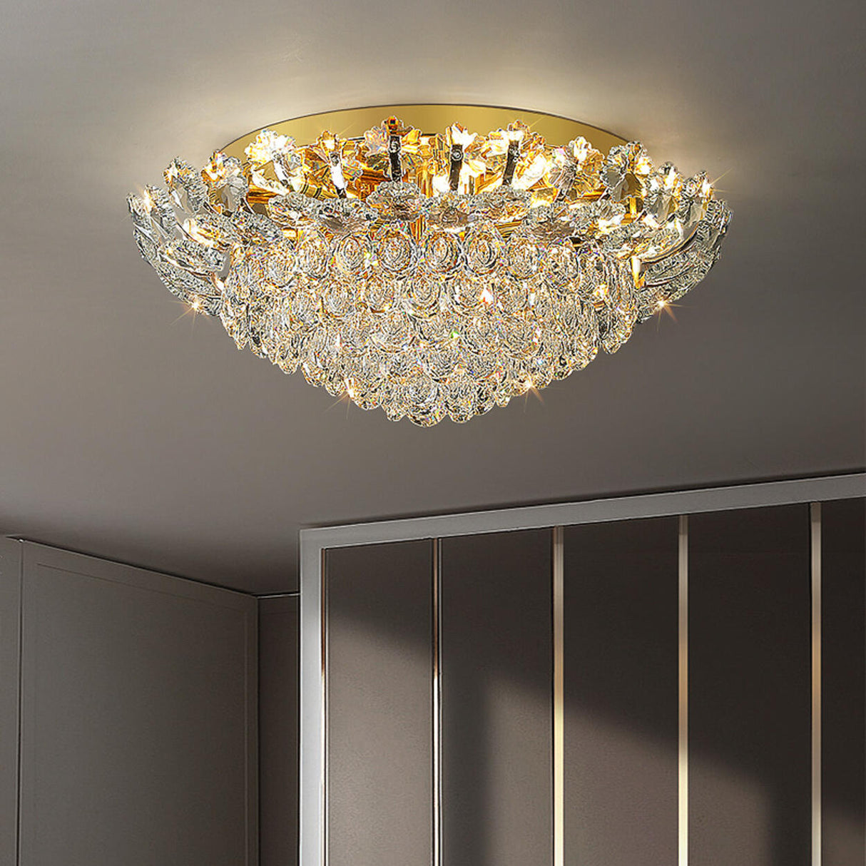 Luxury Symmetrical Gold Crystal Semi-Flush Mount Light Image - 2