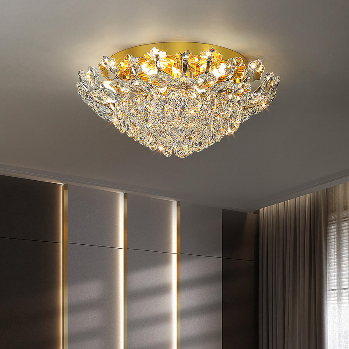 Luxury Symmetrical Gold Crystal Semi-Flush Mount Light Image - 3