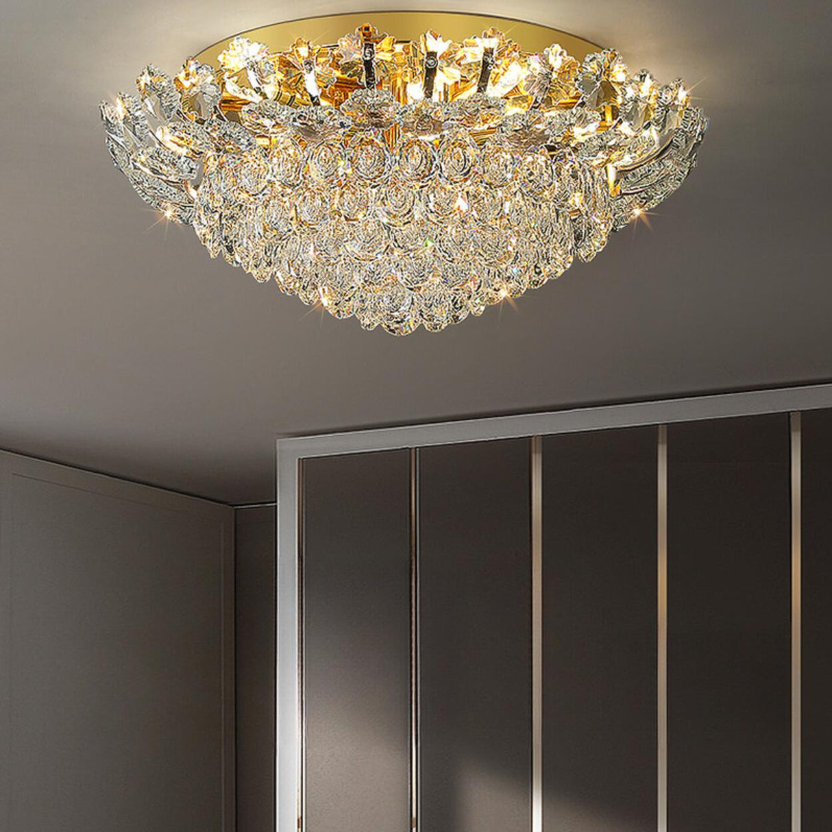 Luxury Symmetrical Gold Crystal Semi-Flush Mount Light Image - 4