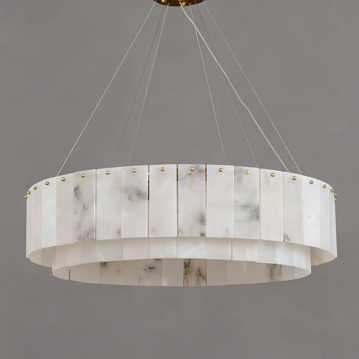 Luxury Tiered Brass and Alabaster Circular Hanging Chandelier Image - 3
