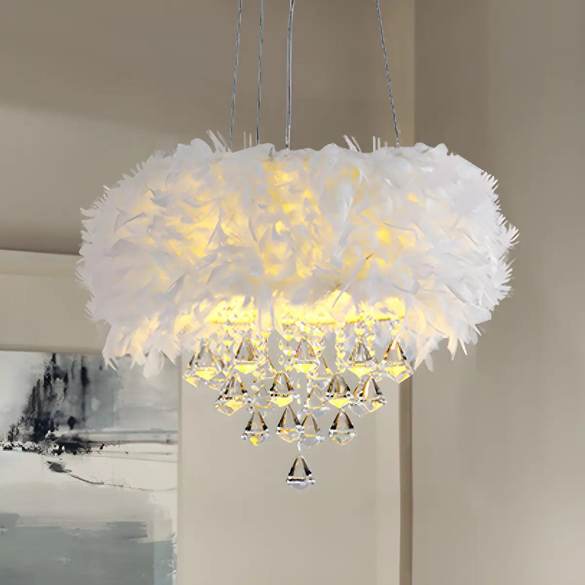 Luxury White Feather and Crystal Drum Pendant Light Image - 1