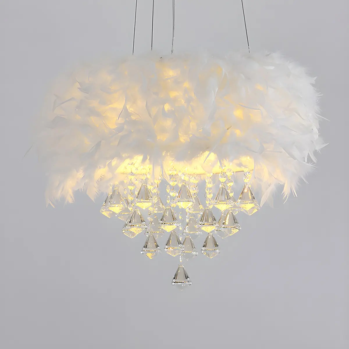 Luxury White Feather and Crystal Drum Pendant Light Image - 2