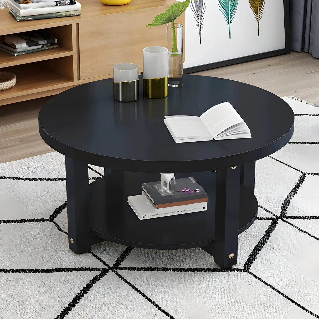 Manufactured Wood Round Coffee Table with Storage Shelf Image - 2