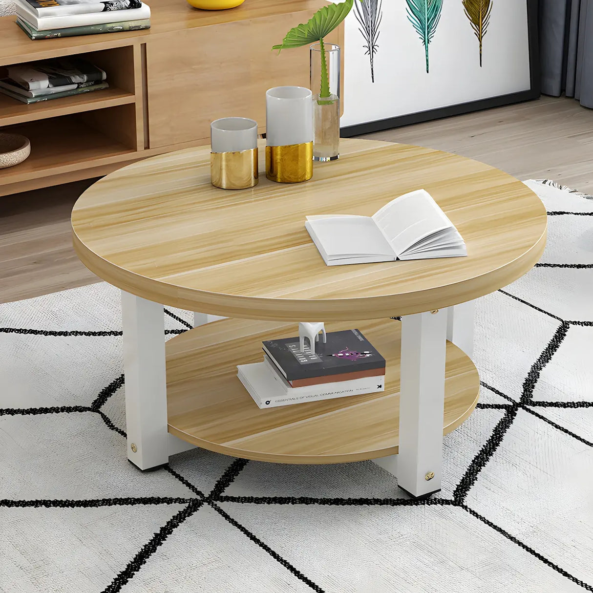 Manufactured Wood Round Coffee Table with Storage Shelf Image - 3