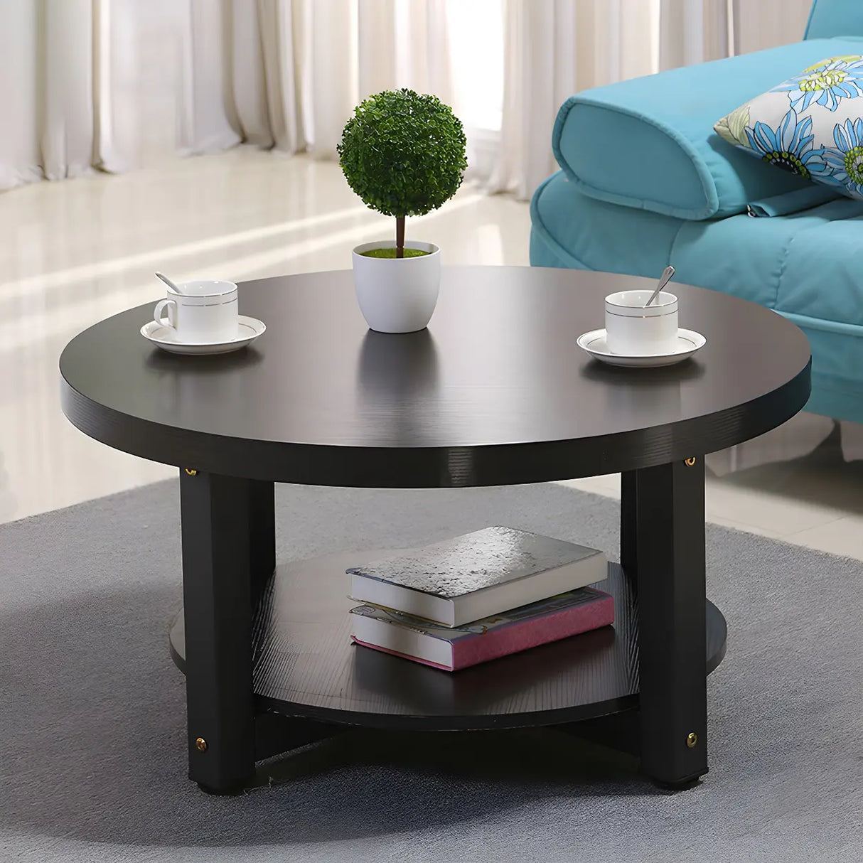 Manufactured Wood Round Coffee Table with Storage Shelf Image - 4