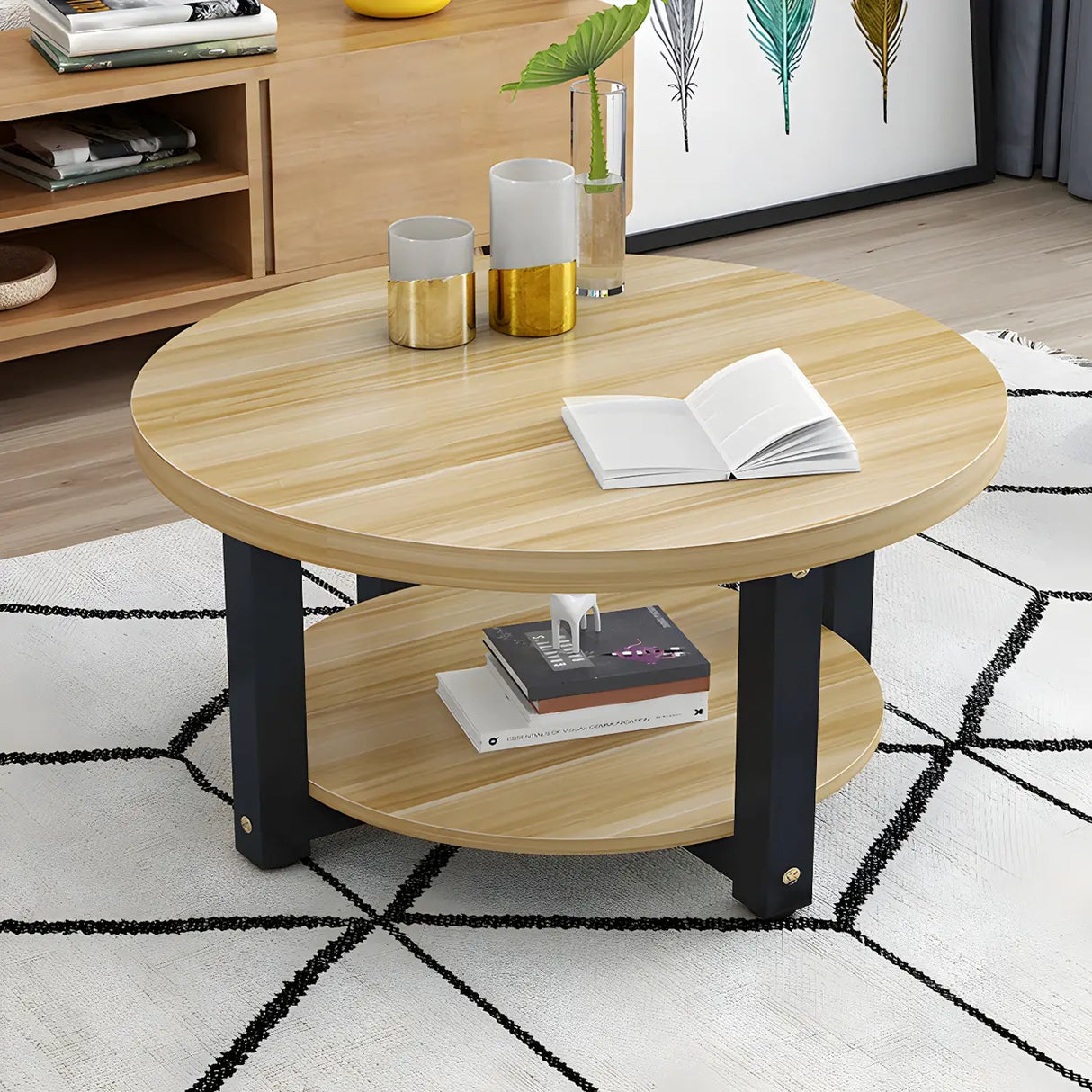 Manufactured Wood Round Coffee Table with Storage Shelf Image - 7