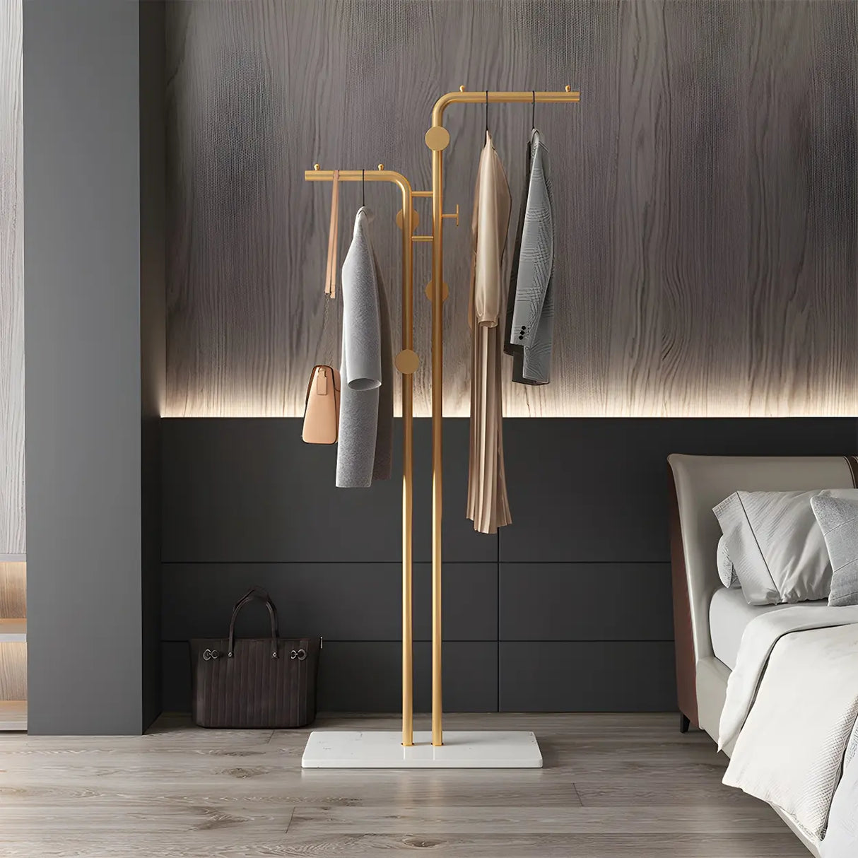 Marble Base Gold Metal Freestanding Coat Rack with Hooks Image - 1
