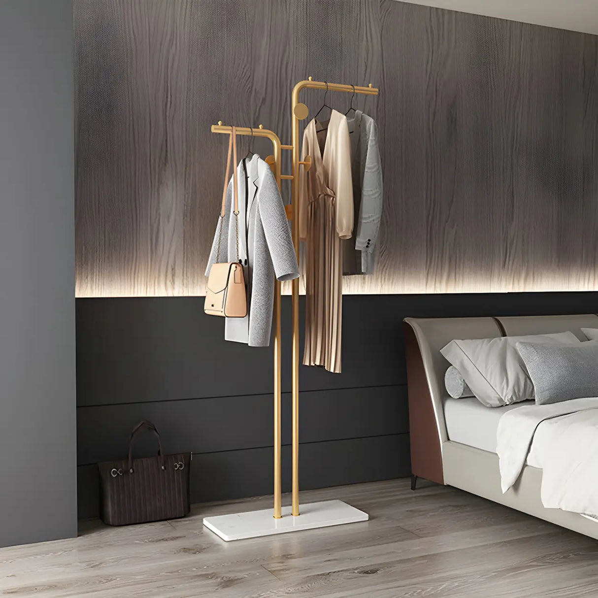 Marble Base Gold Metal Freestanding Coat Rack with Hooks Image - 17