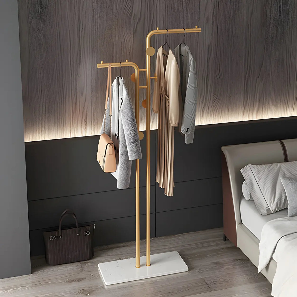 Marble Base Gold Metal Freestanding Coat Rack with Hooks Image - 19